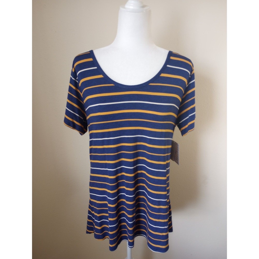 Lulu Roe Women's Lg. Yellow & Blue Striped Round Neck Short Sleeve Shirt